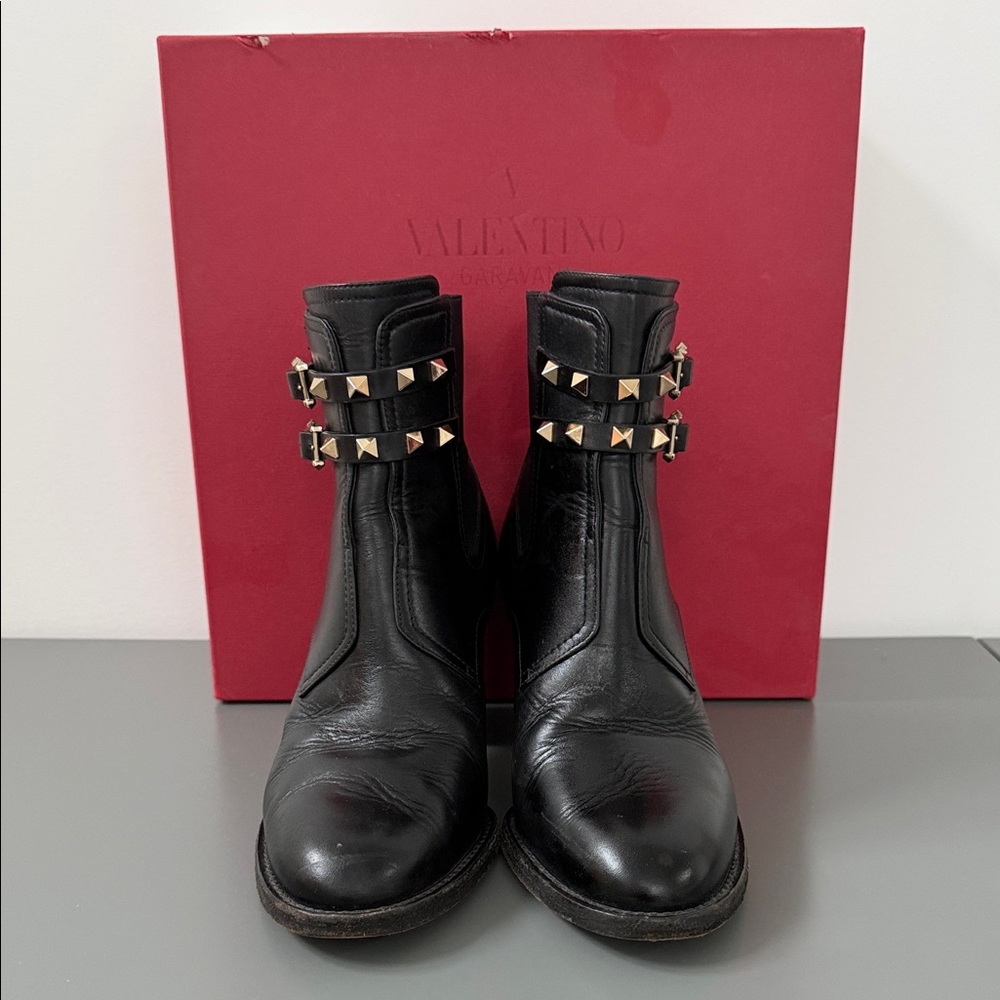 Valentino Black Leather Boots with Gold Studs